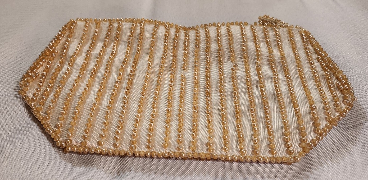 Vtg Ivory and Gray Beaded Art Deco Evening Handbag Purse Dormar Japan 8.5×4.5