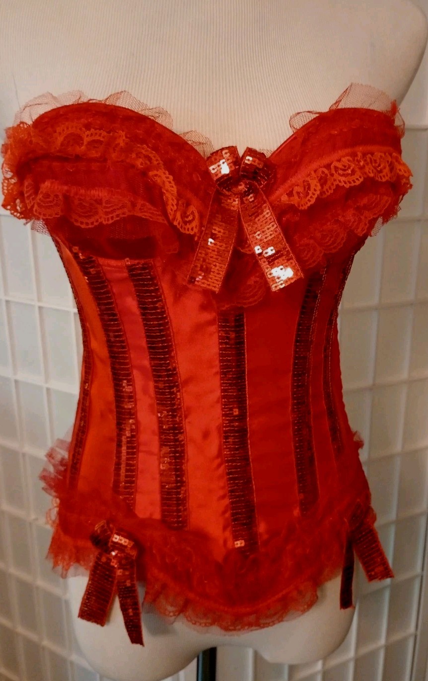 Y2K Red Corset Bustier Lace Sequin & Satin Side Zipper Lace up Back Bustier 34