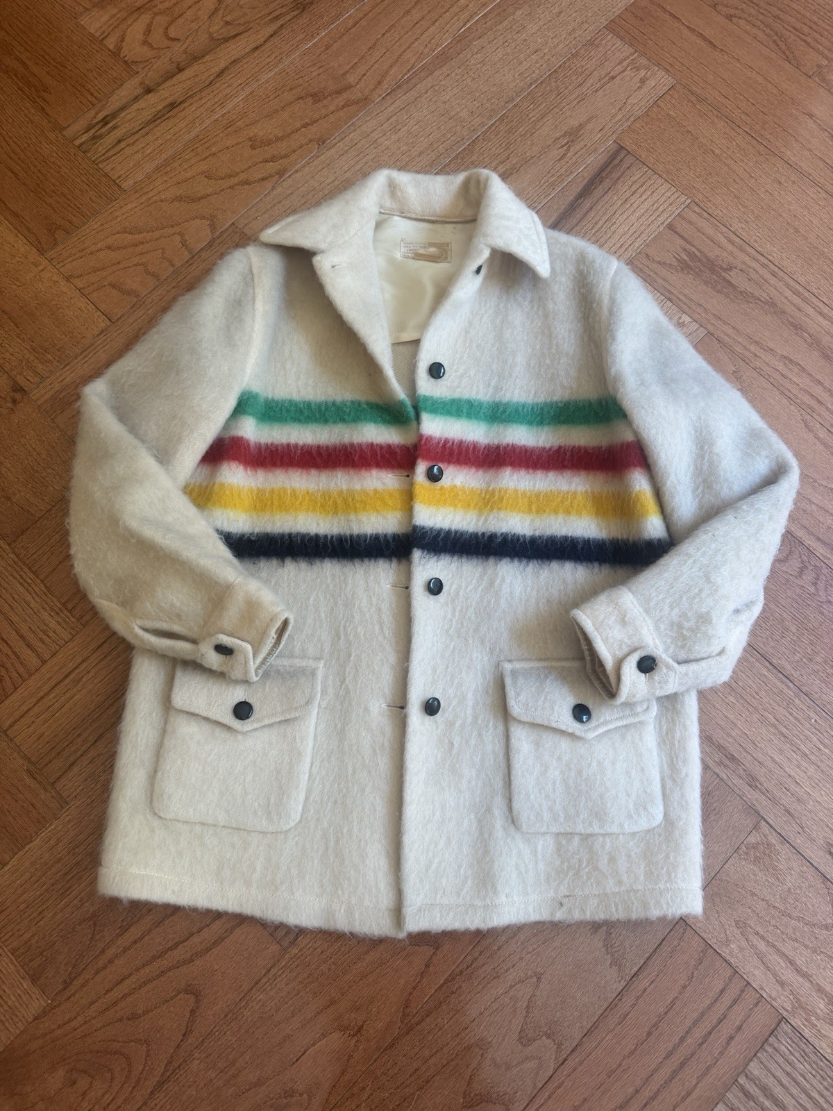 Hudson’s Bay Point Blanket Jacket Vtg Wool Rainbow Coat 27” Long Medium