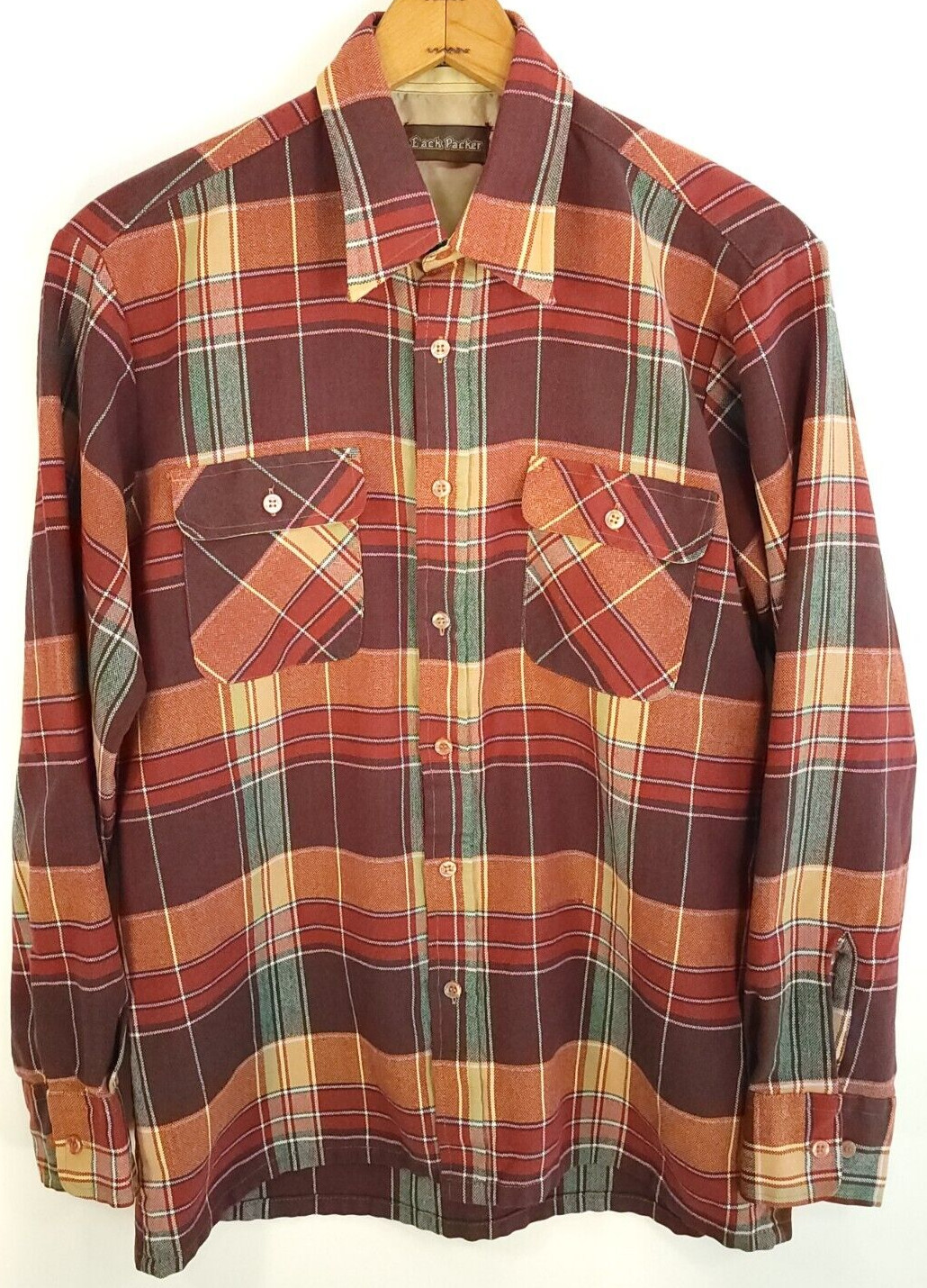Vtg Back Packer Flannel Shirt Men’s Med Brown Tan Orange Plaid Workwear Grunge