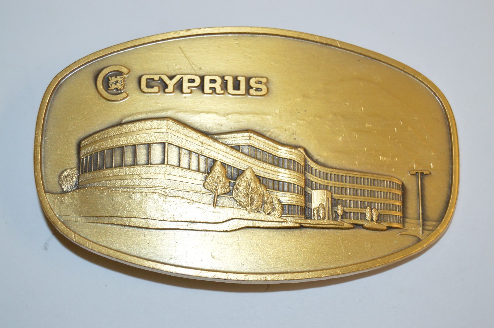 Vintage CYPRUS Business Building Occupational Solid Brass Belt Buckle Rare