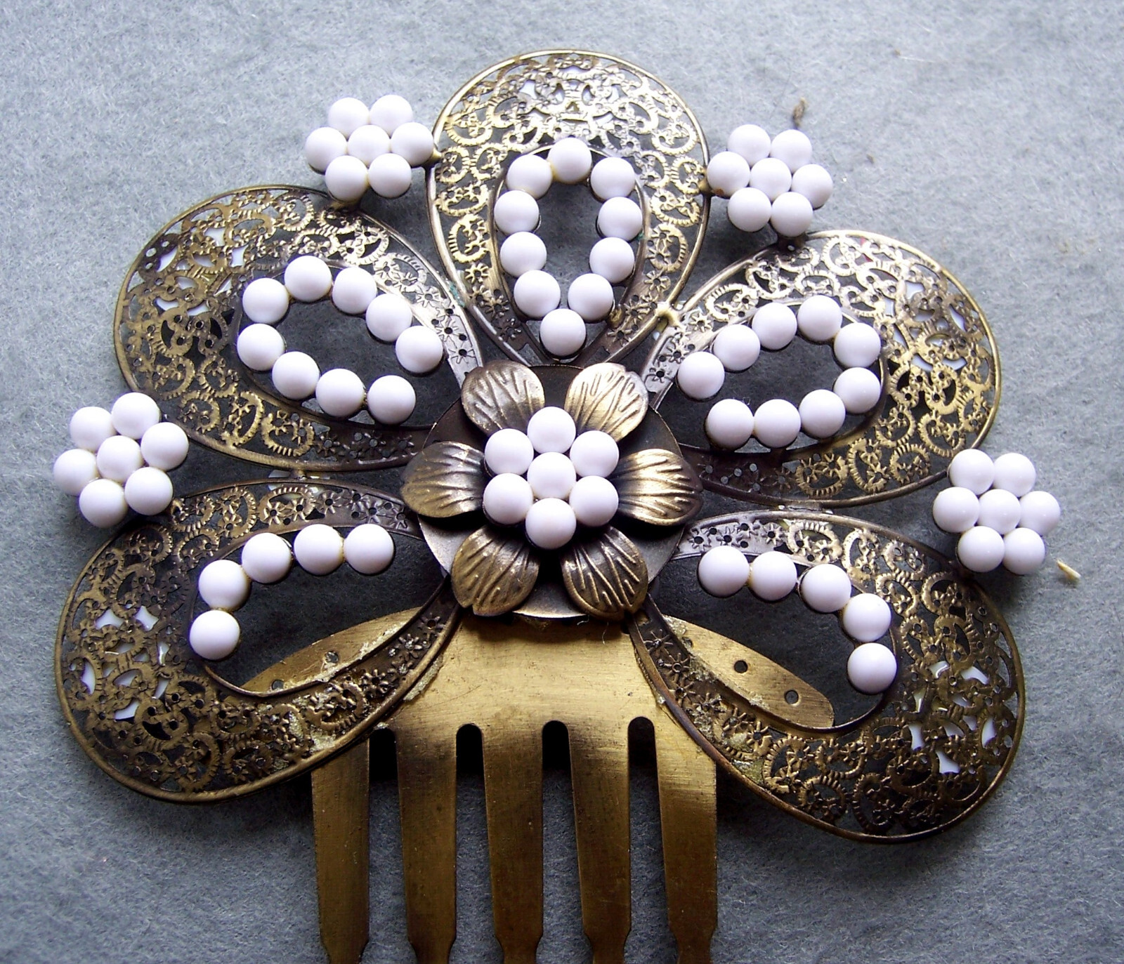 Spanish mantilla style hair comb with white ceramic beads NO US IMPORT FEES