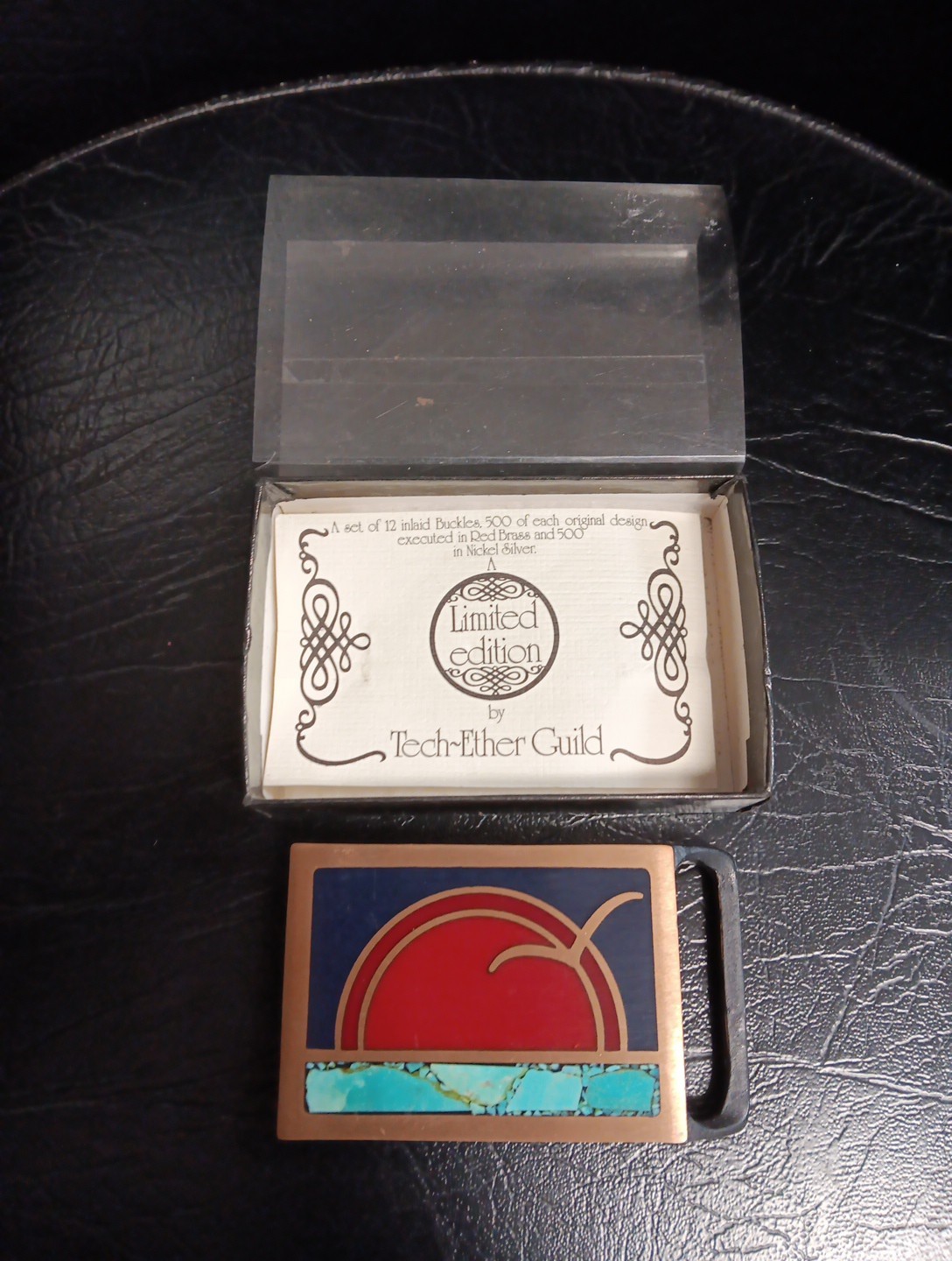 1979 Tech Ether Guild Belt Buckle Brass Nickel Silver Turquoise & Coral Only 500