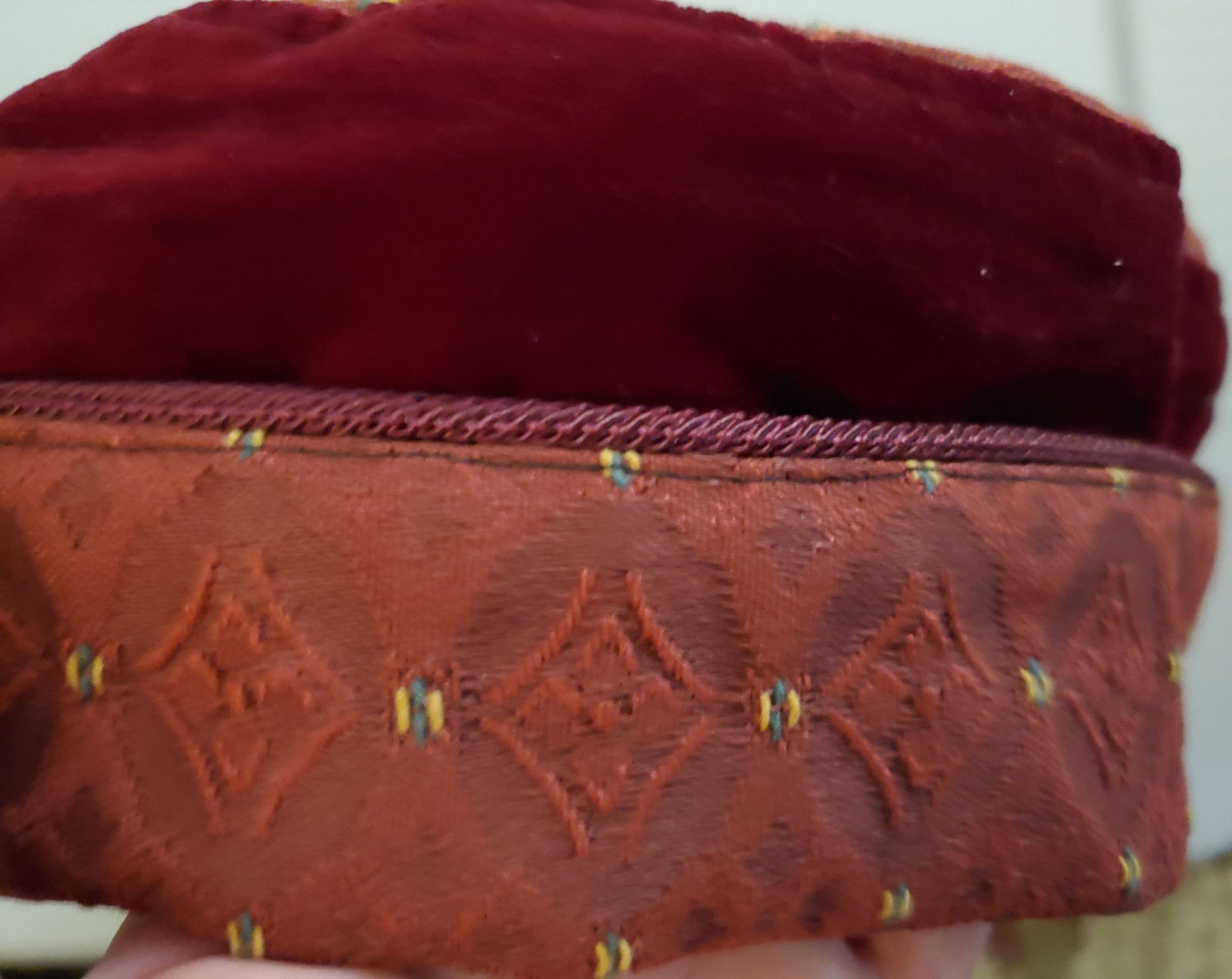 Handmade Renaissance Red Velvet Colette Style Hat with Embossed Fabric 21-22 in