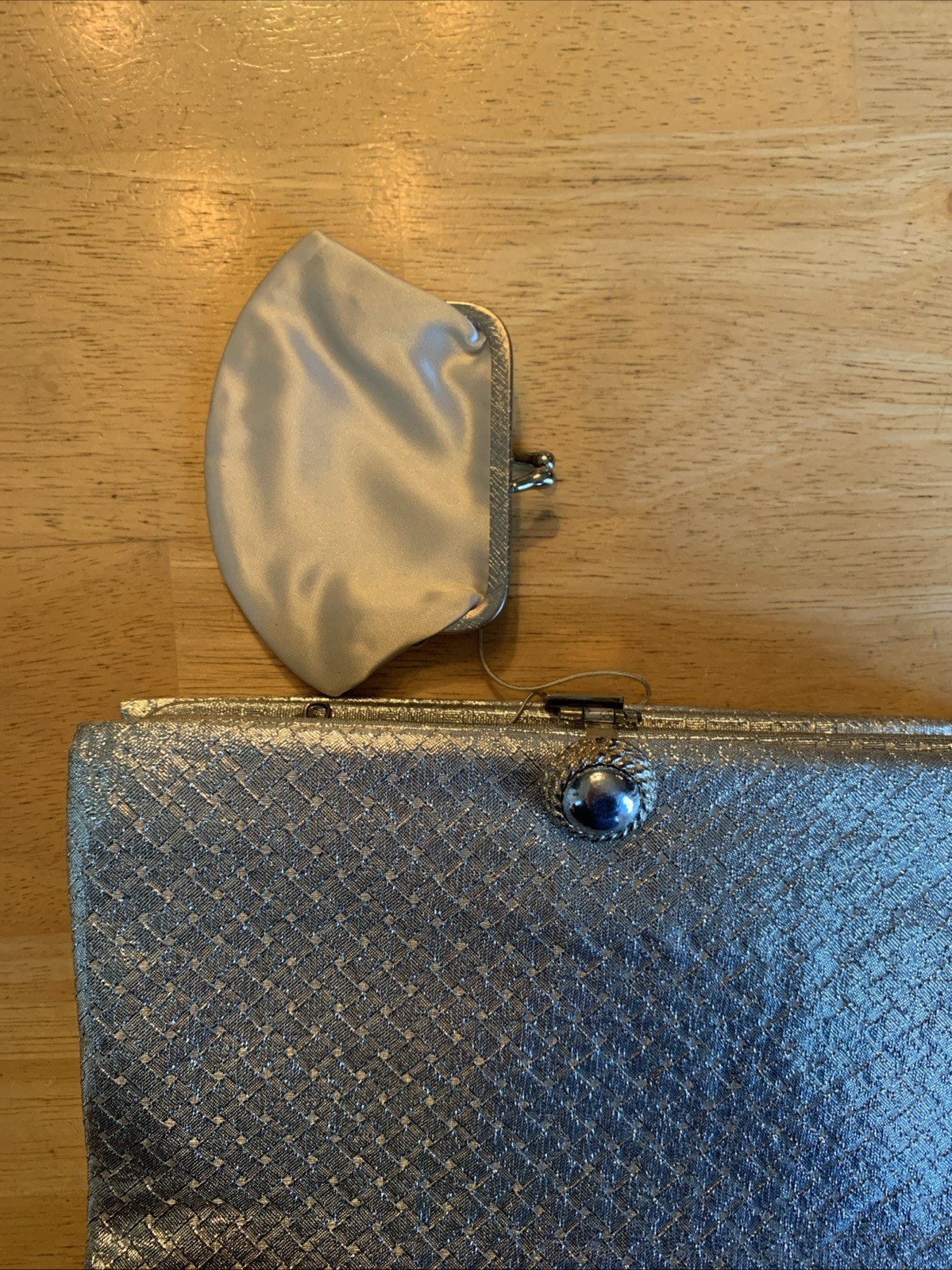 Vintage After Five USA Silver Lame Purse Clutch W/ Coin Purse 8.5”