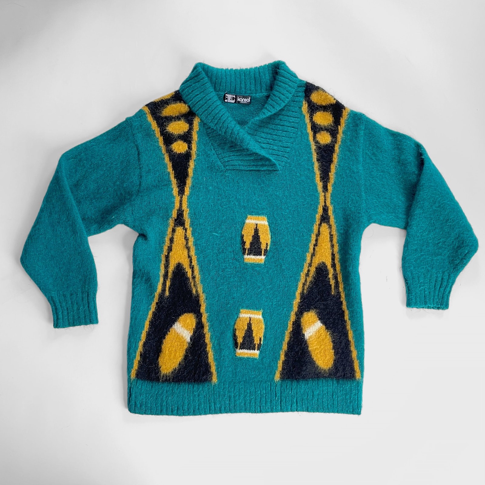 80s Kansai Yamamoto Graphic Shawl Collar Sweater New Wave Geometric Wool