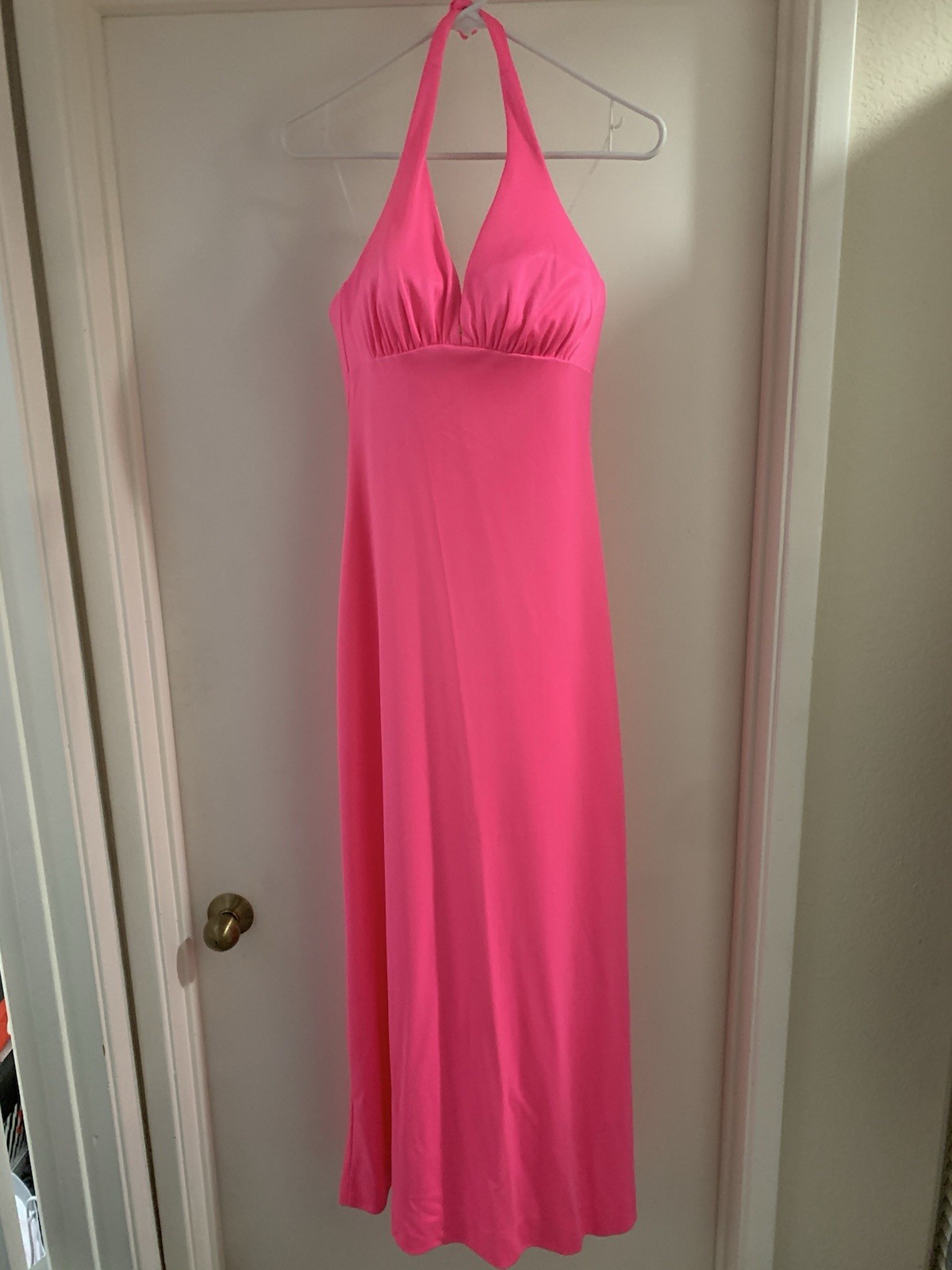 VTG 60s DeWEESE Design Maxi Halter Dress Sz 12/34 Swim Sun Sta-Cup Bra Neon Pink