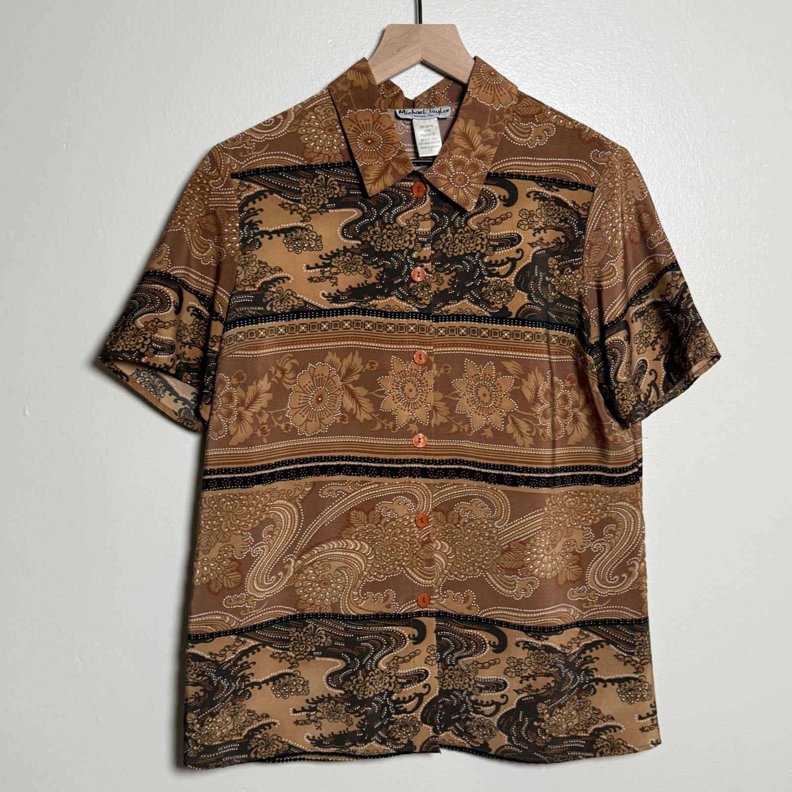 Michael Taylor VTG Short Sleeve Blouse 14 Brown Batik Floral Paisley Retro 70s