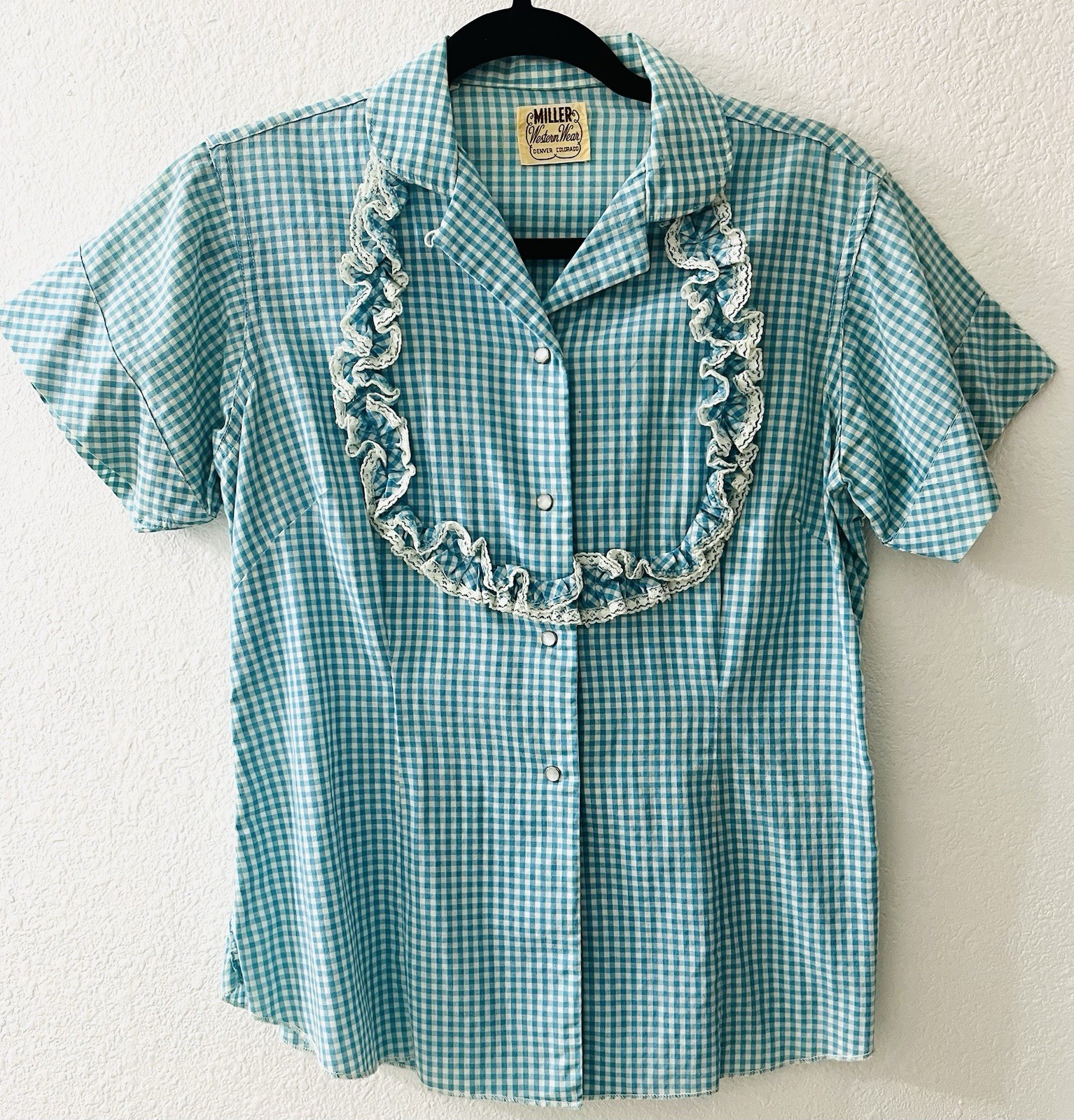VTG 60s M Miller Western Wear Ruffle Lace Pearl Snap Gingham Check Blouse DENVER