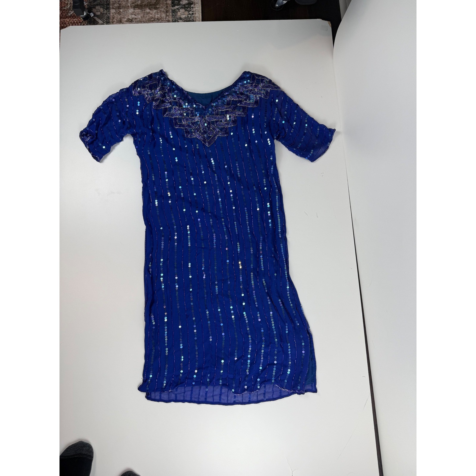 Vintage Royal Blue Silk Hand Beaded Sequin Shift Dress Art Deco Flapper Style