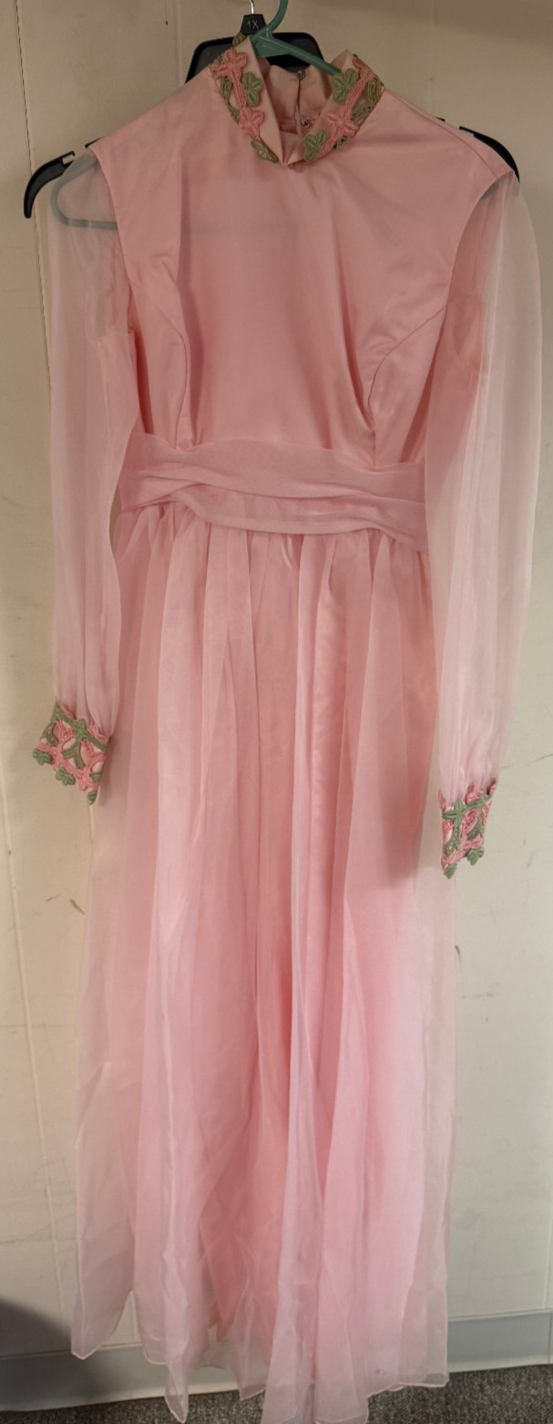 WOMENS USED VINTAGE 60S 70S EMMA DOMB PINK LACE MAXI FORMAL DRESS SIZE 13