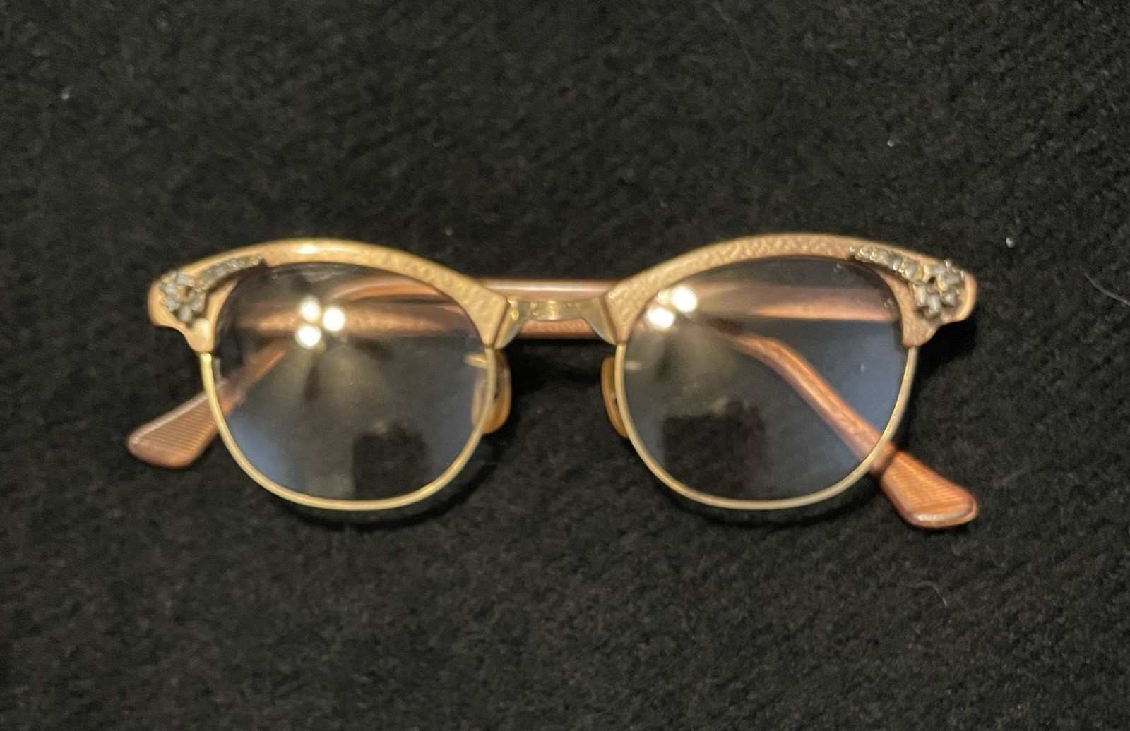Art Craft Cat Eye Style Frames Bronze and Pink Tone With Rhinestone Flowers