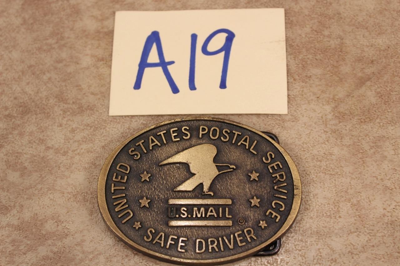 A19B VINTAGE UNITED STATES POSTAL SERVICE SAFE DRIVER BELT BUCKLE U.S. MAIL