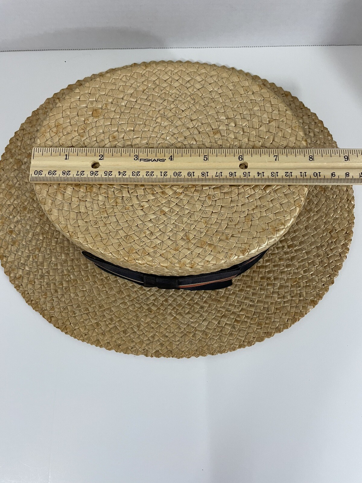 VTG Stetson Hat Mens 6 7/8* Long Oval Blue Red Ribbon Medalist Straw Boater Hat