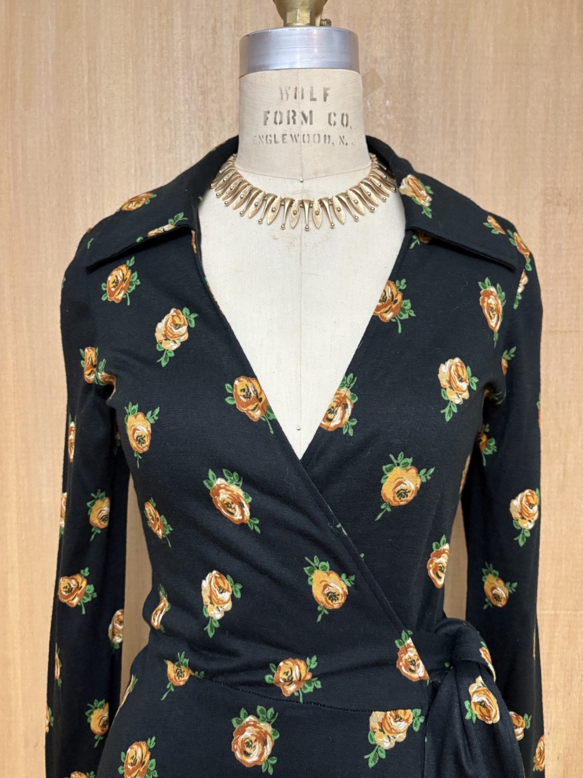 Vintage 1970s Diane Von Furstenberg DVF Black Floral Jersey Wrap Dress S