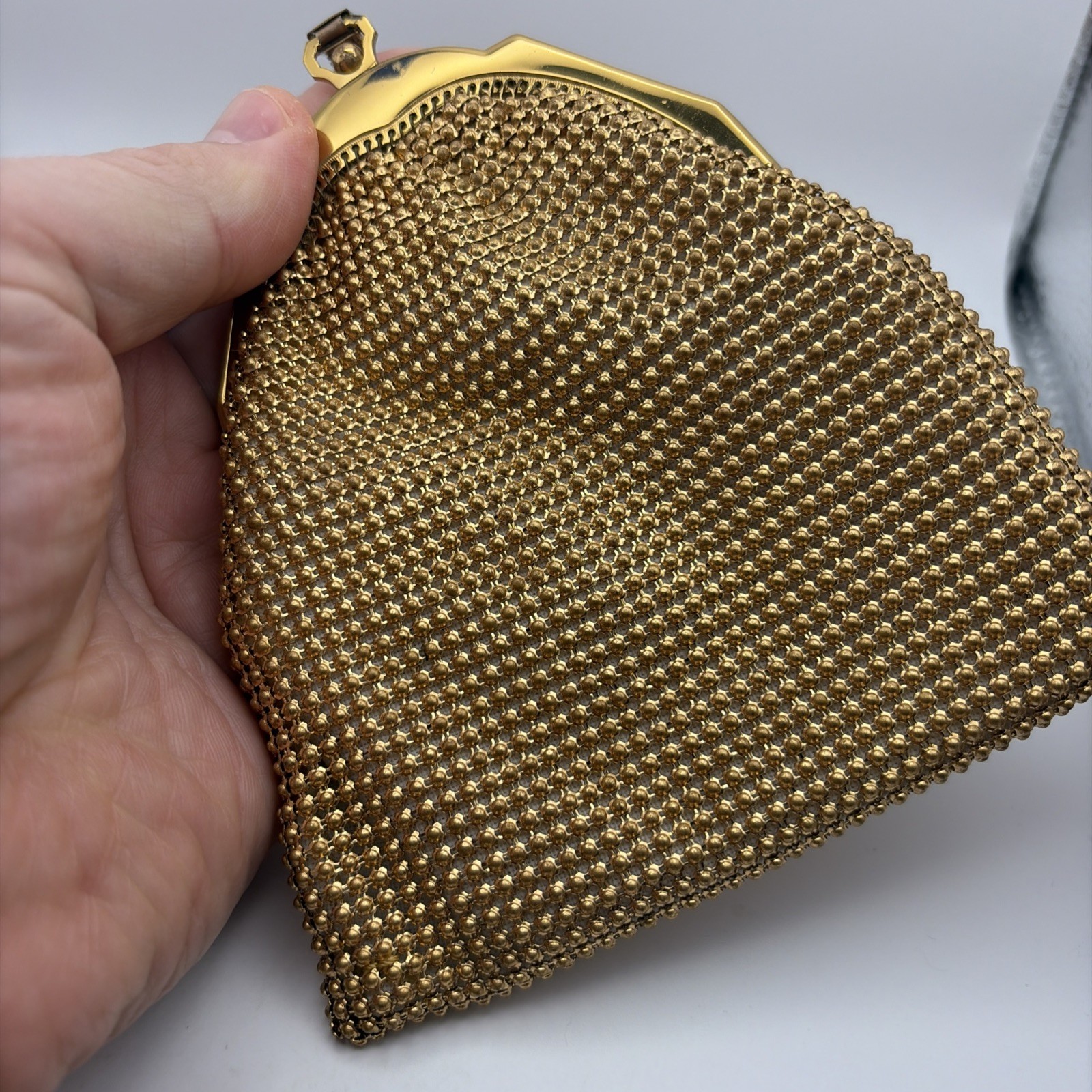Vintage Whiting & Davis Co. Mesh Gold 5in X 5in Makeup Bag Chain + Box