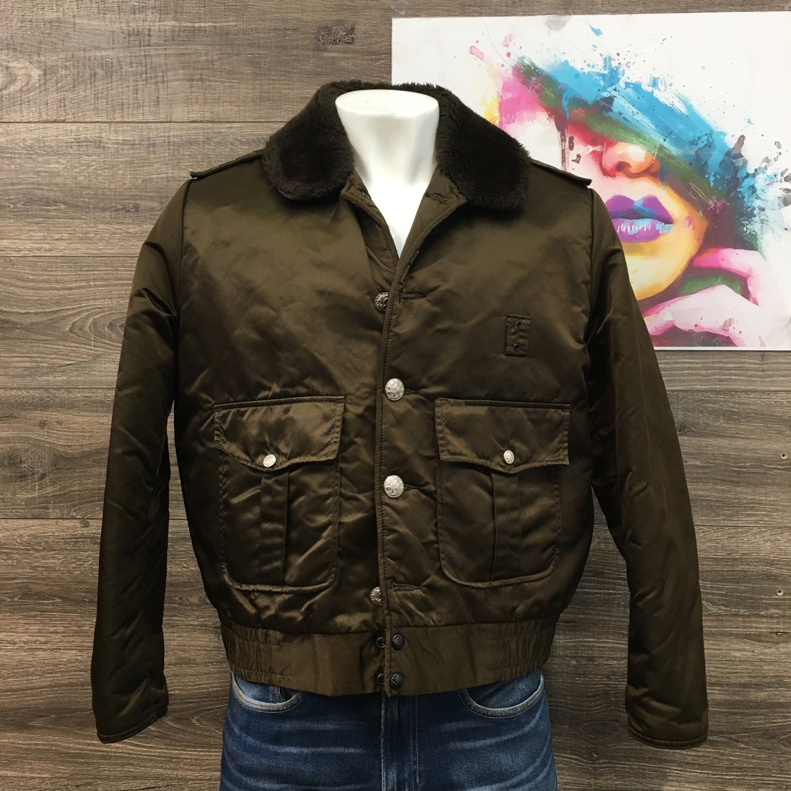 Vintage Tuffy Mens Bomber Flight Jacket Olive Brown Faux Fur Collar Quilted 44