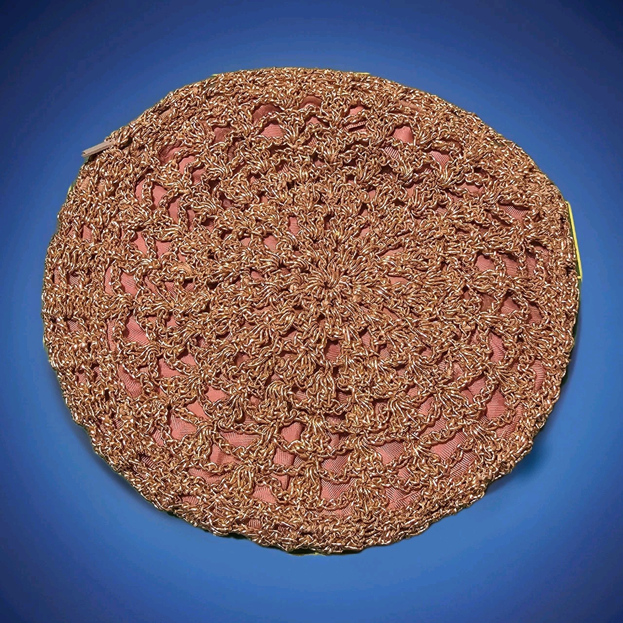 6 in round metallic gold crochet coin purse or clutch with a rose fabric lining