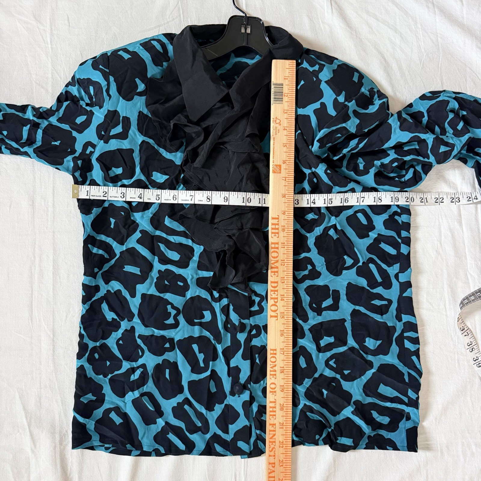 VTG Balla Valentina Silk Blouse Teal Black Animal Print Jabot Maximalist Retro M