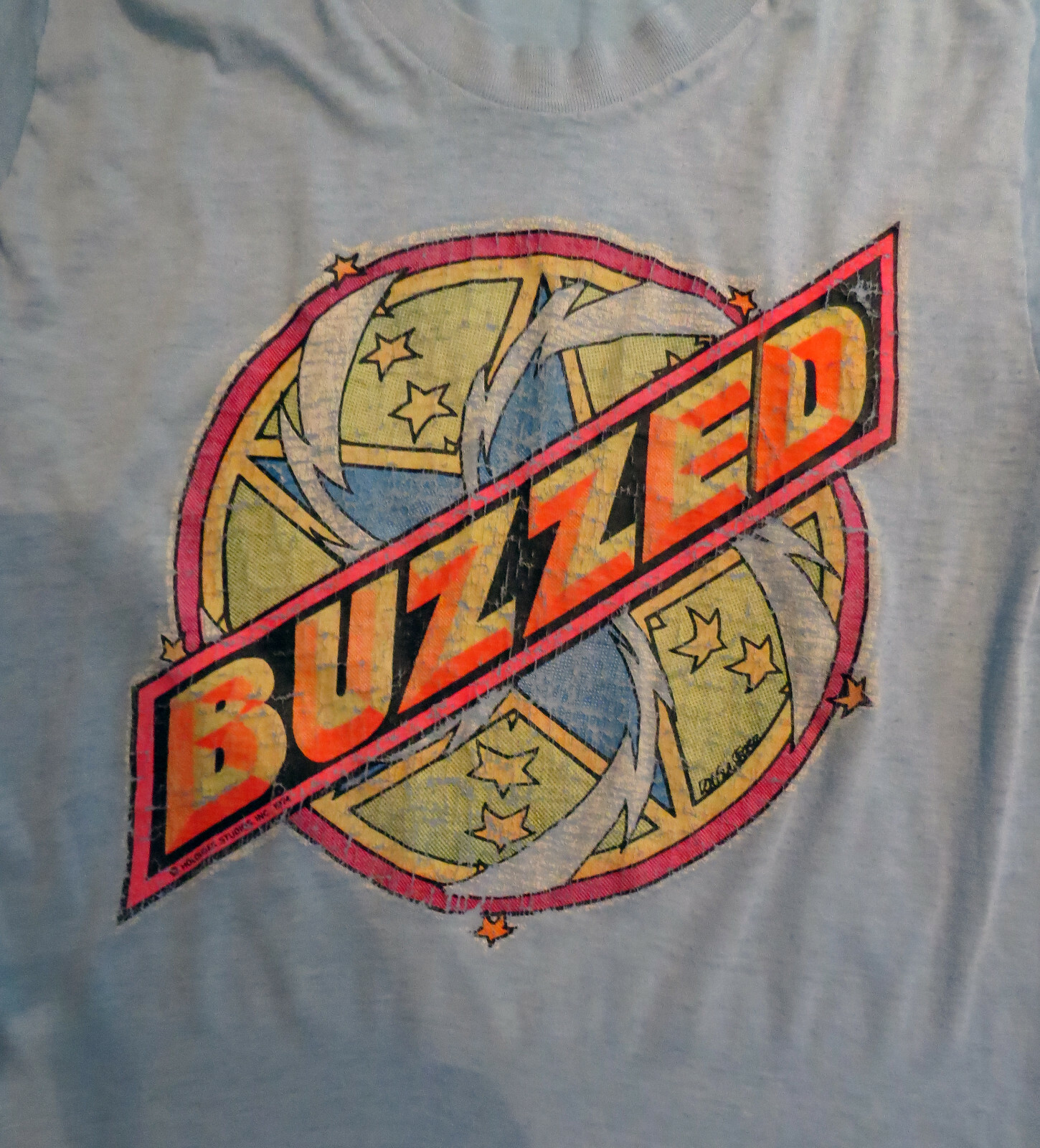 Rare BUZZED vintage 70s graphic t shirt grunge soft 50/50 LtBlue SZ M