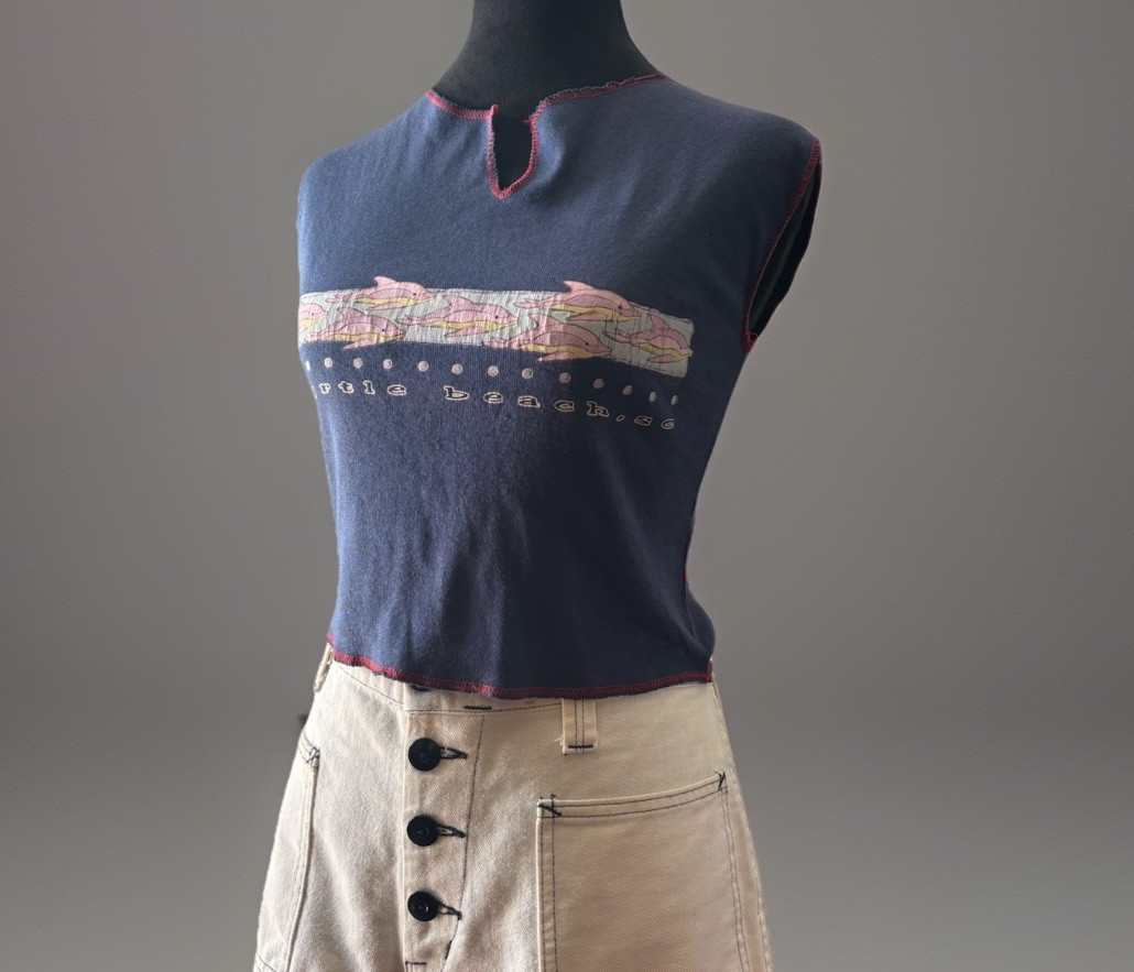 Vtg Velva Sheen Ribbed Boxy Cropped Tank Top.m/L