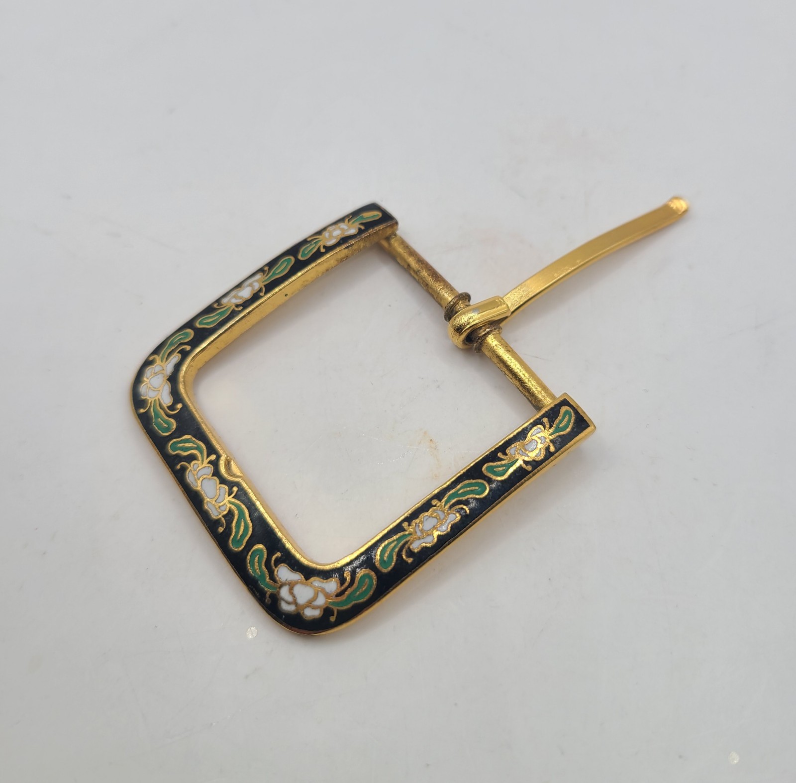 Vintage Brass Black Cloisonne White Floral Unisex Belt Buckle 1.75″ Unsigned