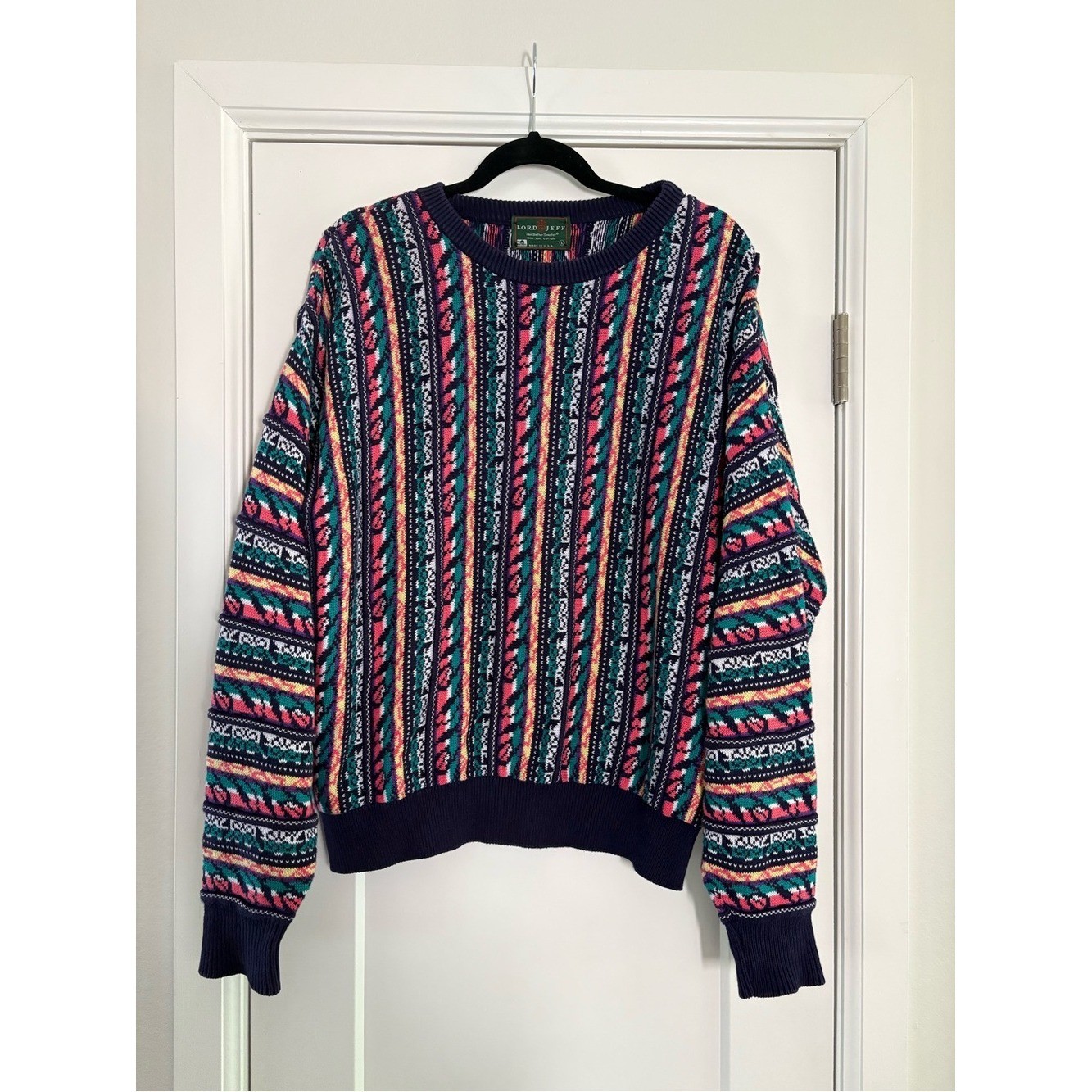 Vintage 90s Lord Jeff Multicolor Striped 3D Knit Sweater 100% Cotton Made in USA