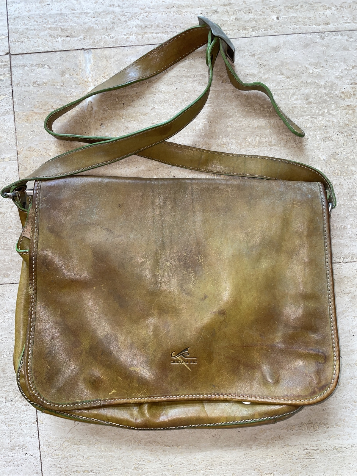 Cristina Rui Mustard Green Brown Leather Messenger Bag Rough Condition