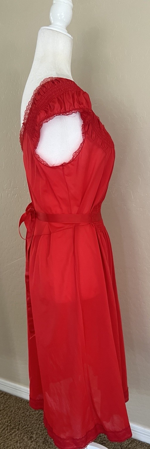 Vintage 50s Artemis Ruched Lace Nightgown Siren Red SZ 38 Med Belted Cap Sleeve
