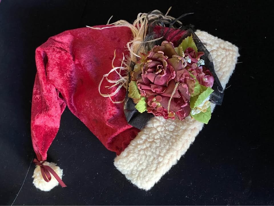 Hopeless Romantic Red Crushed Velvet Christmas Santa Cap Hat with Lambswool trim