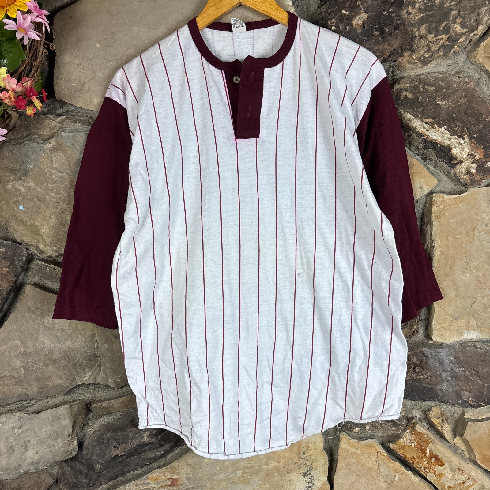 Vintage 70s 80s Medallion Baseball 3/4 Surf Stripe T Shirt Blank Plain Henley L