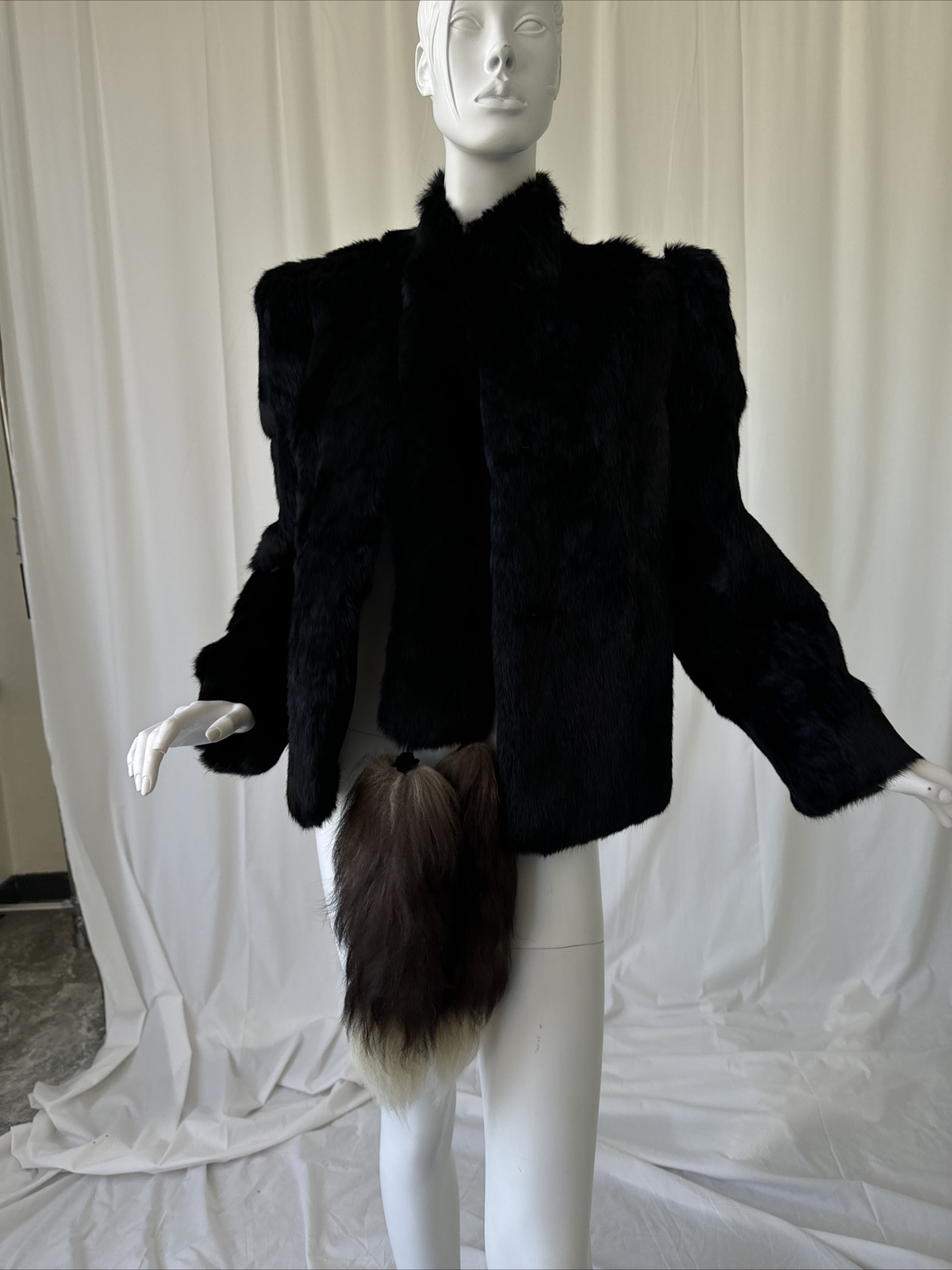 Vintage Black Dyed Rabbit Fur, 100% Genuine, Size S With Fox Tales