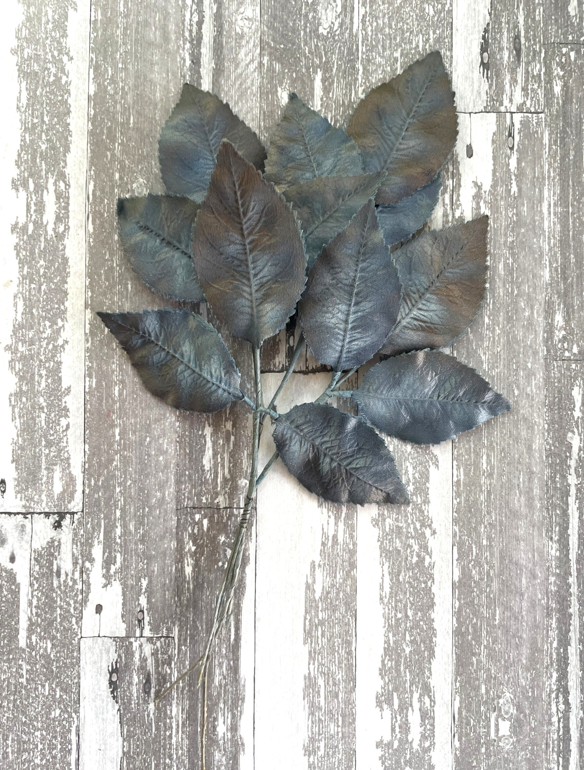 Antique Vintage Millinery 12 Satin Leaves Variegated Blue with White Gray Color