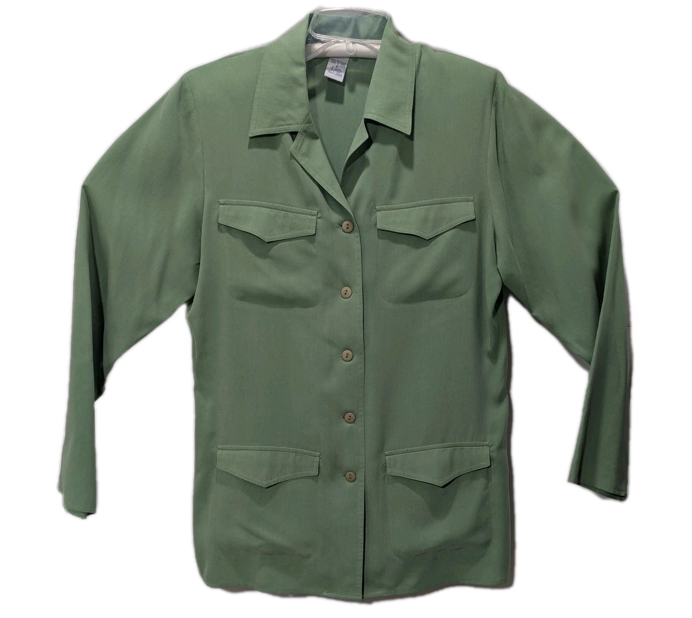 Anna & Frank Womens 100% Silk Safari Blouse Olive Green Utility Shirt Vintage S