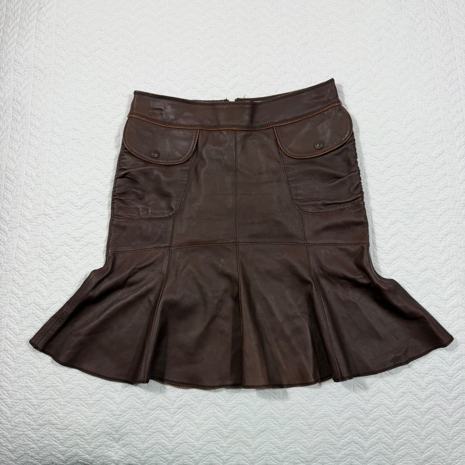 VTG June Skirt Women 4 (29×20) 100% Leather 100%Silk Lined Flared Pocket Brown