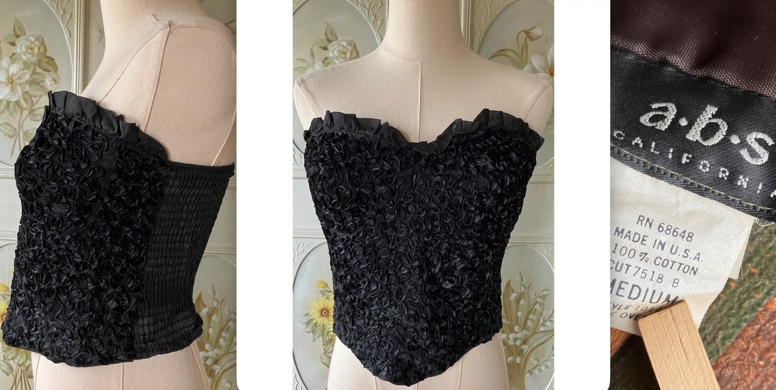VTG 90s ABS USA ALAN SCHWARTZ BLACK BUSTIER CORSET RUFFLE TOP RIBBON APPLIQUE M