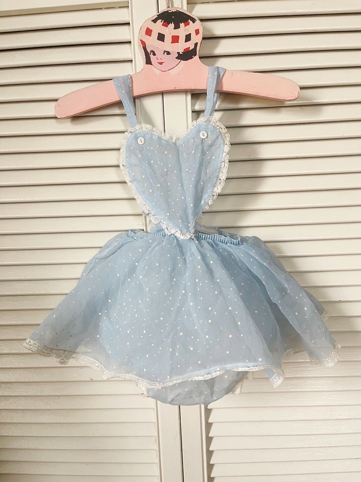 1950s By Little Craft Blue Swiss Dot Nylon Heart Bib Sunsuit Romper Vintage