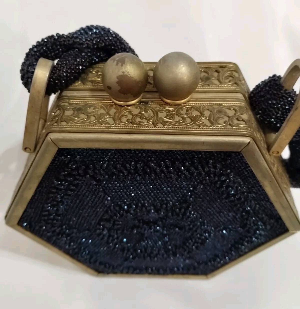 Handbag/Purse Sapphire Blue Beaded Tortoise Lucite Gold Plated Tyrolean 1940 VTG