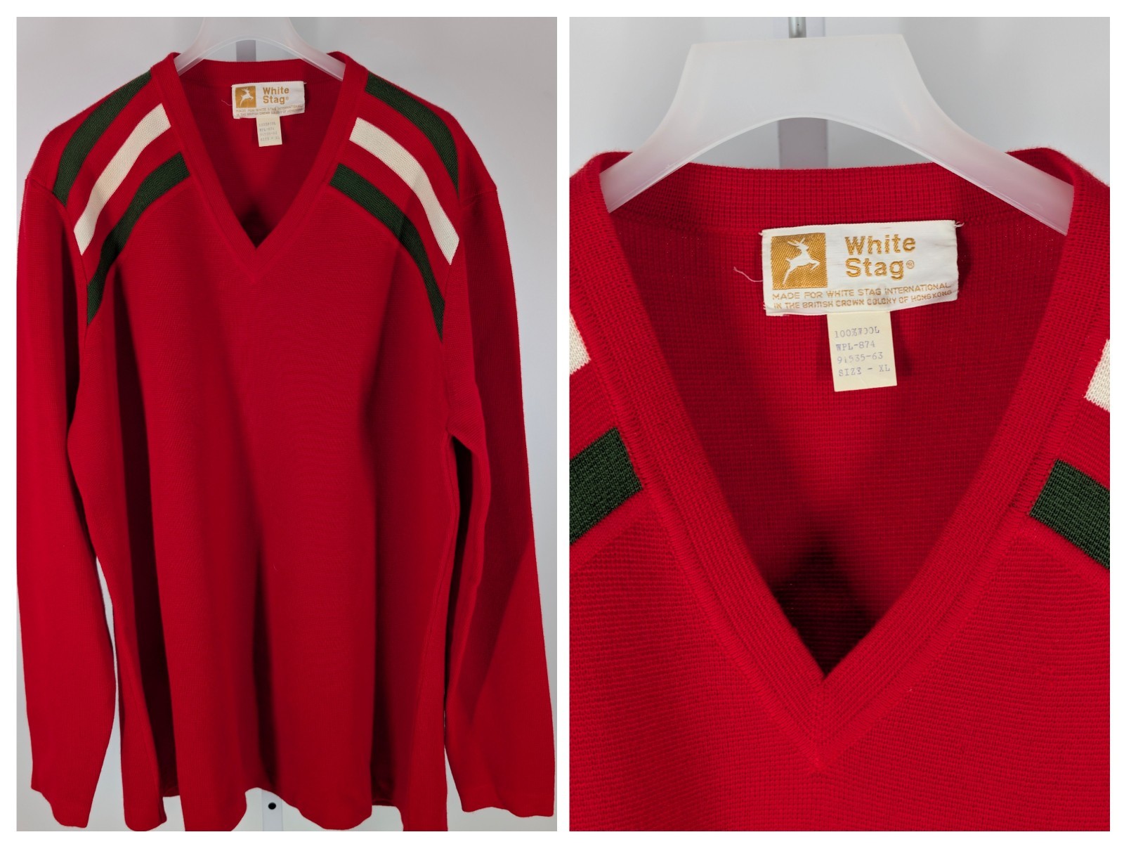 White Stag Vintage 70s Mod Geometric Red V Neck Sweater Red White Green XL NOS