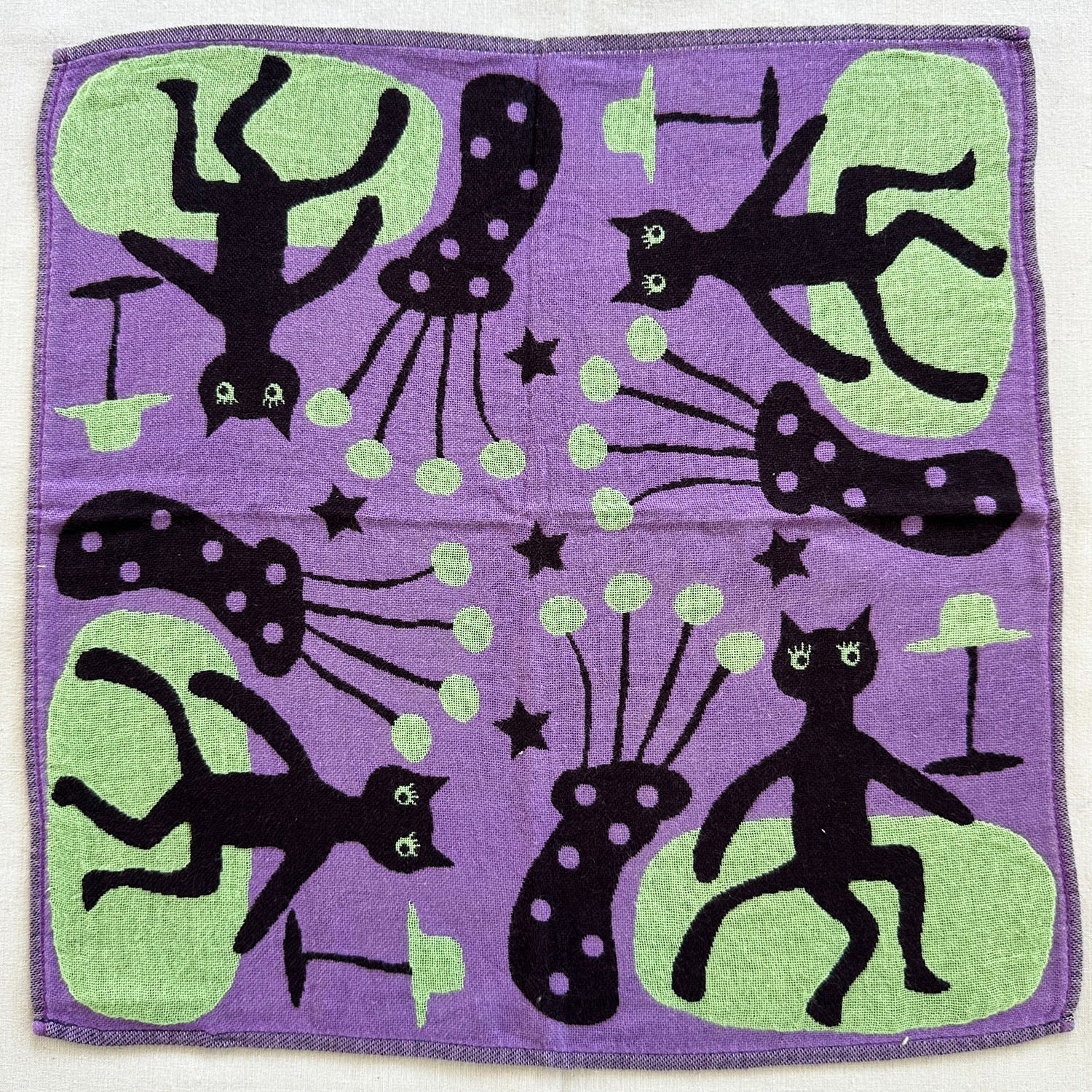 Vintage Small Beach Purple Towel Retro Black Cats on Green Sofa Cute Hanky 14″