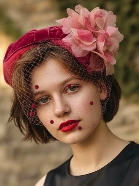 Vtg Hat Rose Veil Raspberry Satin And Velvet Cocktail Hat Union Made