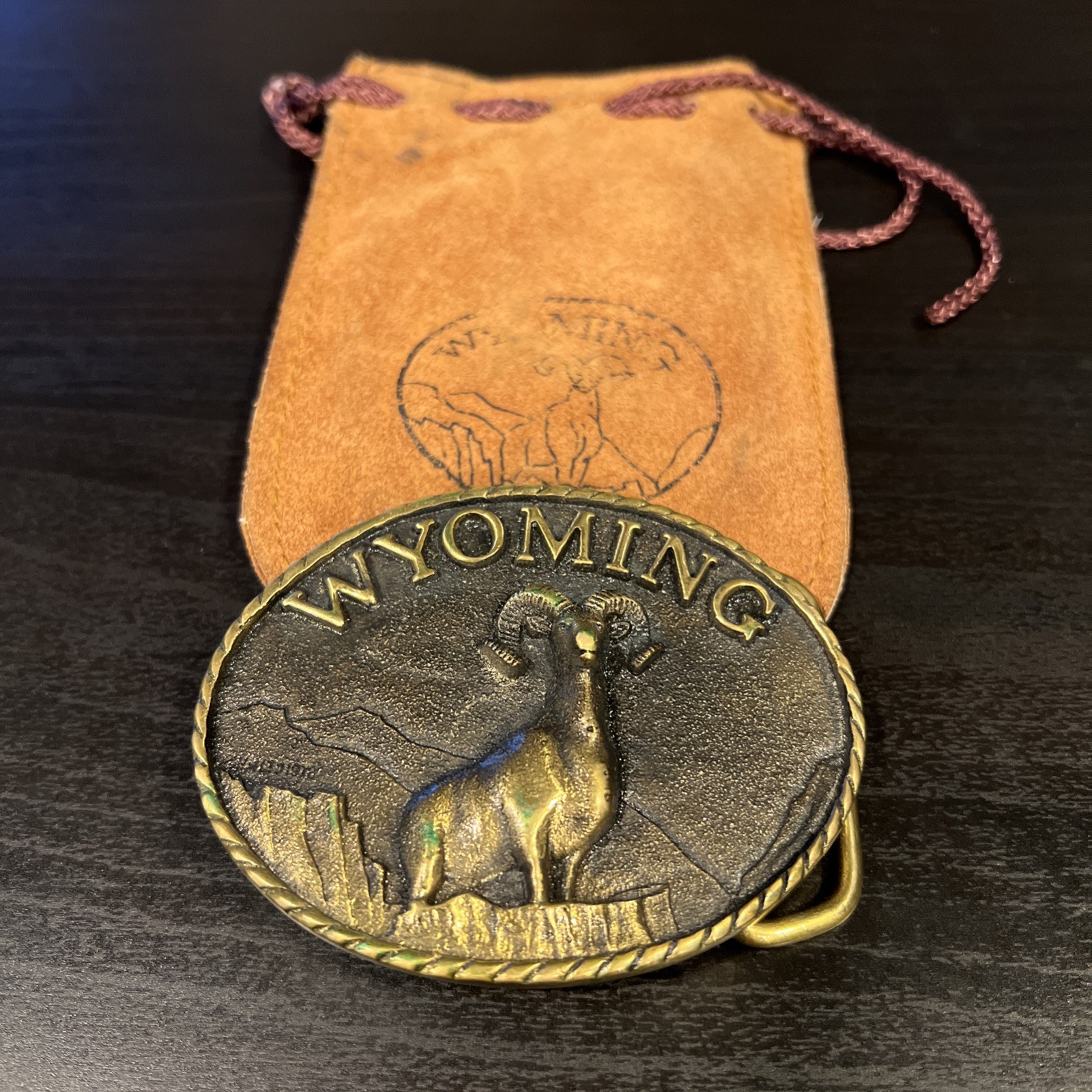 Vintage 1978 Wyoming Bighorn Sheep Brass Belt Buckle Heritage Mint Pouch CY-2808