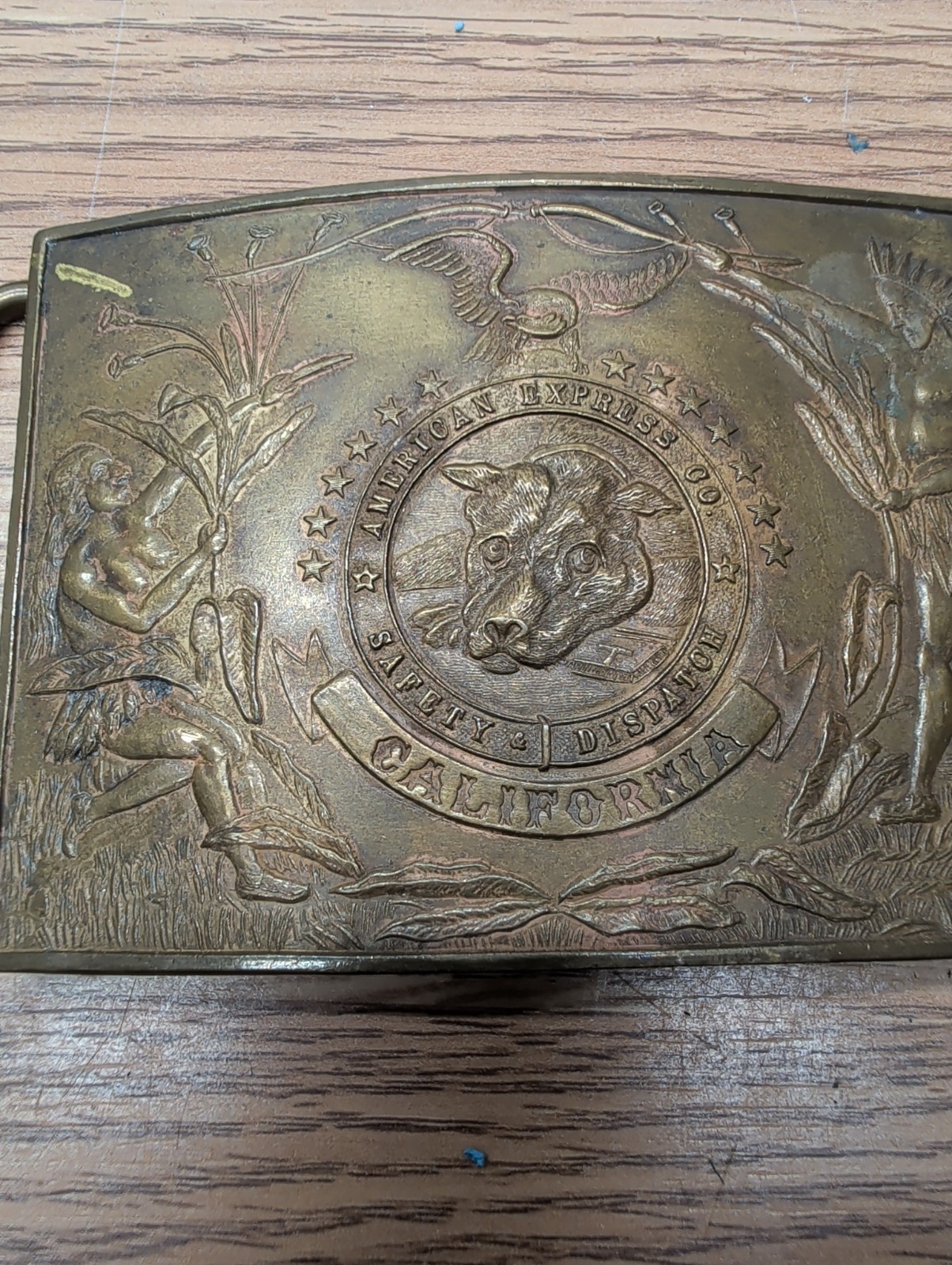 Large Vintage 1970’s Brass Buckle American Express Safety Dispatch Nevada, Nice