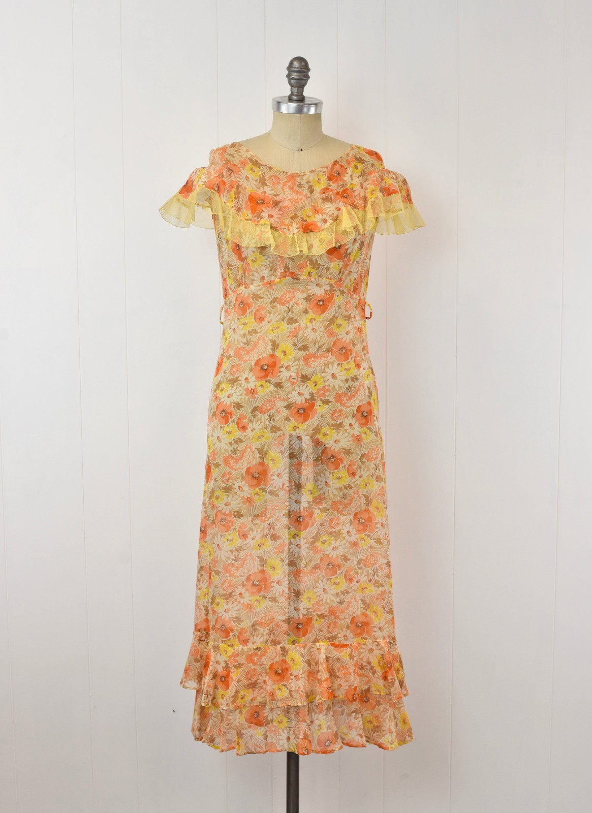 Antique 1930s Betty Baxley Frocks Poppy Floral Orange Cold Shoulder Sheer Dress