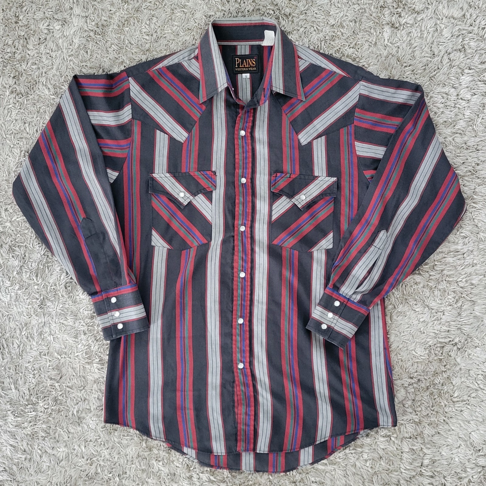 Vintage Plains Western Wear Black/Grey/Red/Blue Green Striped Button Down Size S