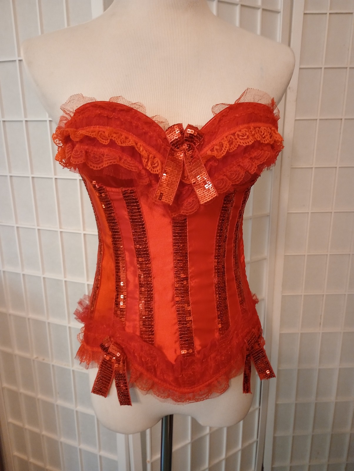 Y2K Red Corset Bustier Lace Sequin & Satin Side Zipper Lace up Back Bustier 34