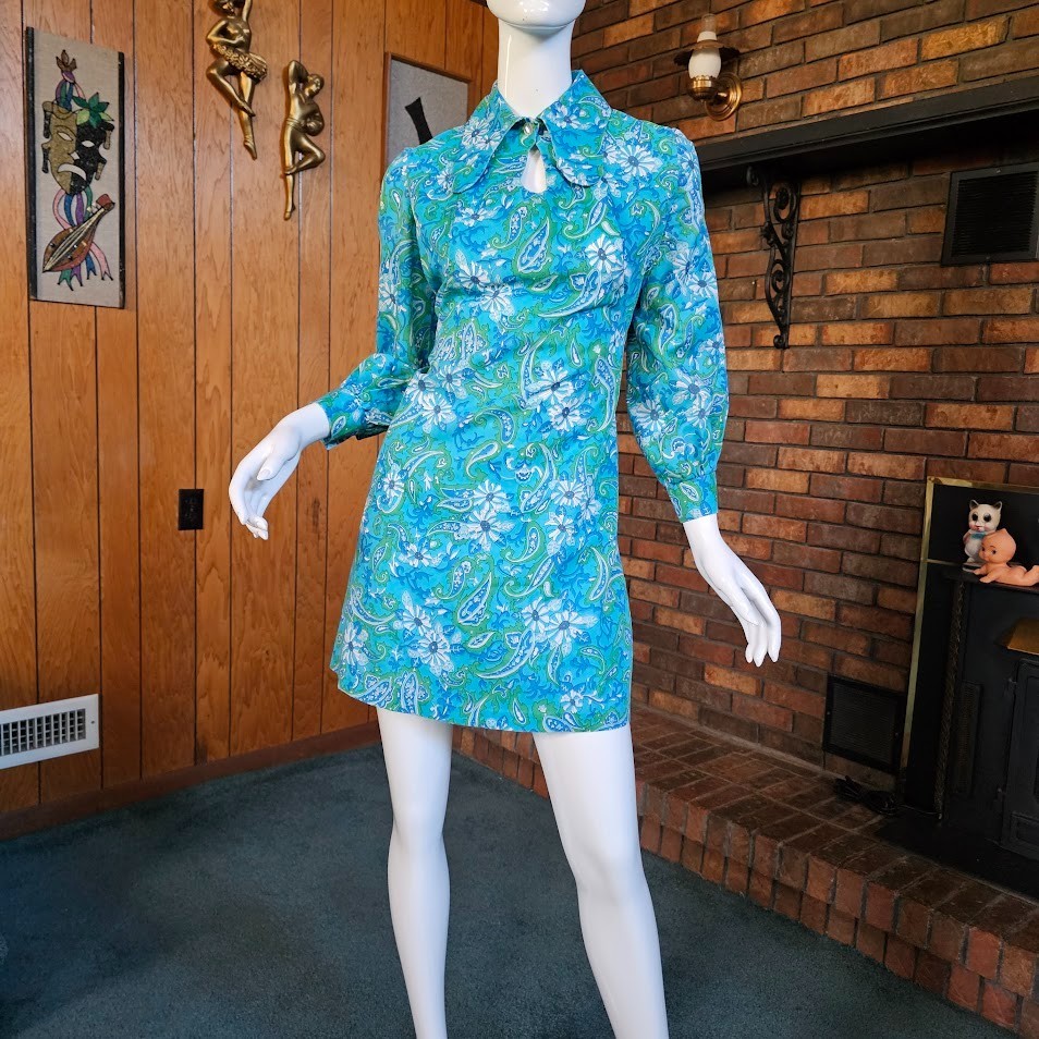Vtg Swinging 60s Mod Psychedelic Dog Ear Mini British Invasion Go Go Dress S/M