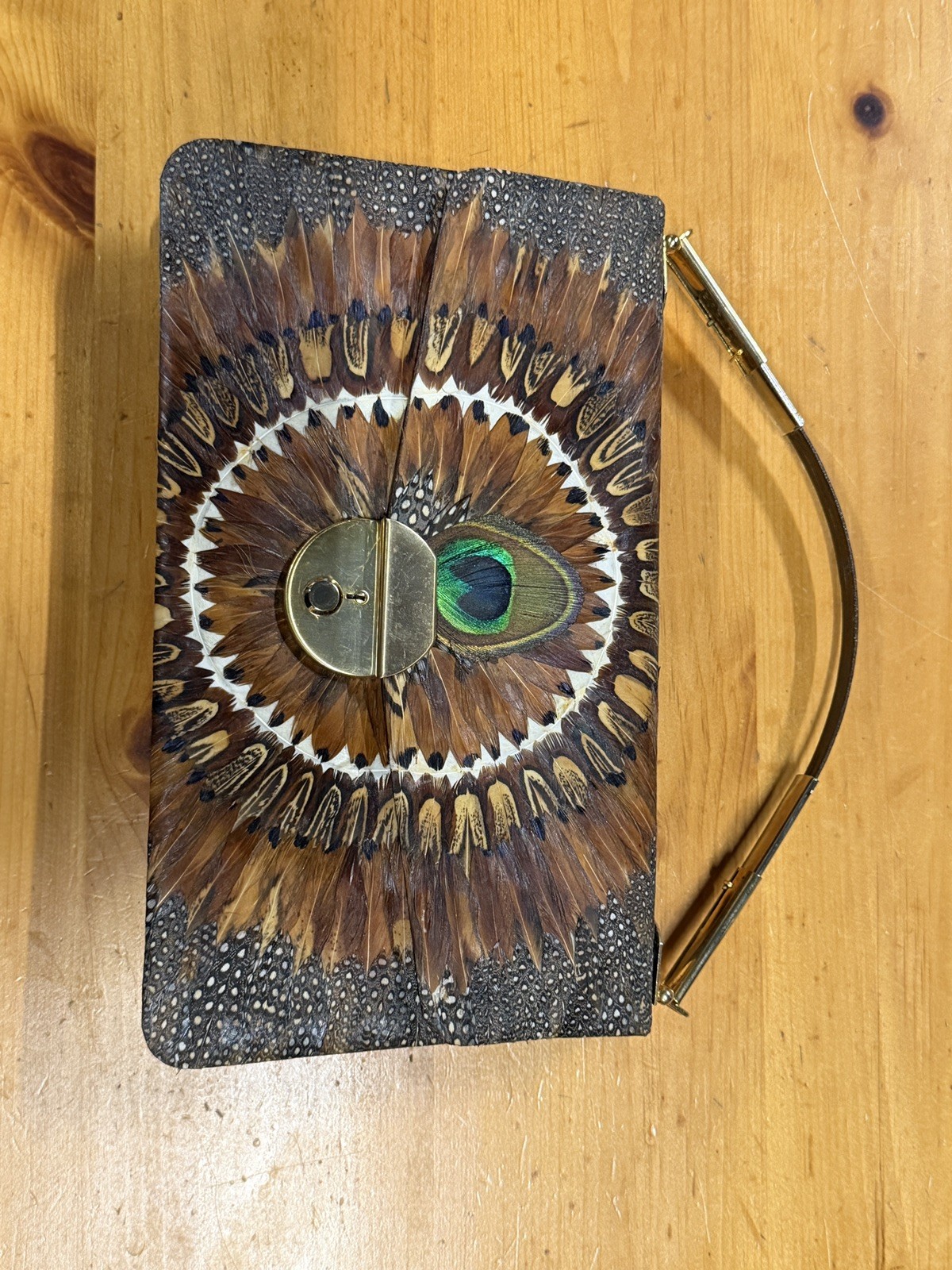 Vtg Lee Sands Genuine Peacock/Pheasant Feather Leather Handbag/Clutch/Purse