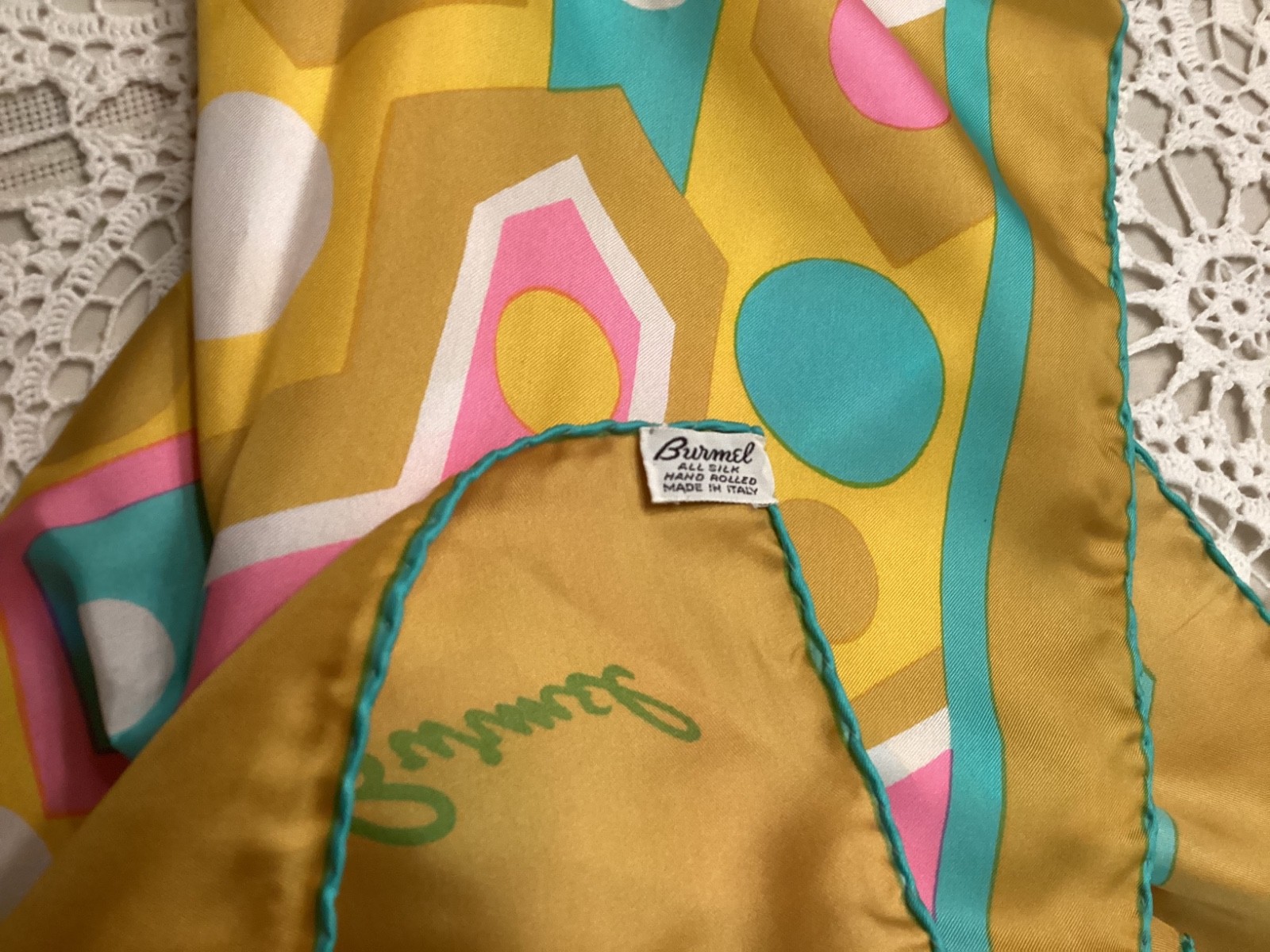 Italian BURMEL Vibrant Abstract Dots All SILK Vintag Scarf Wrap Yellow Pink Aqua