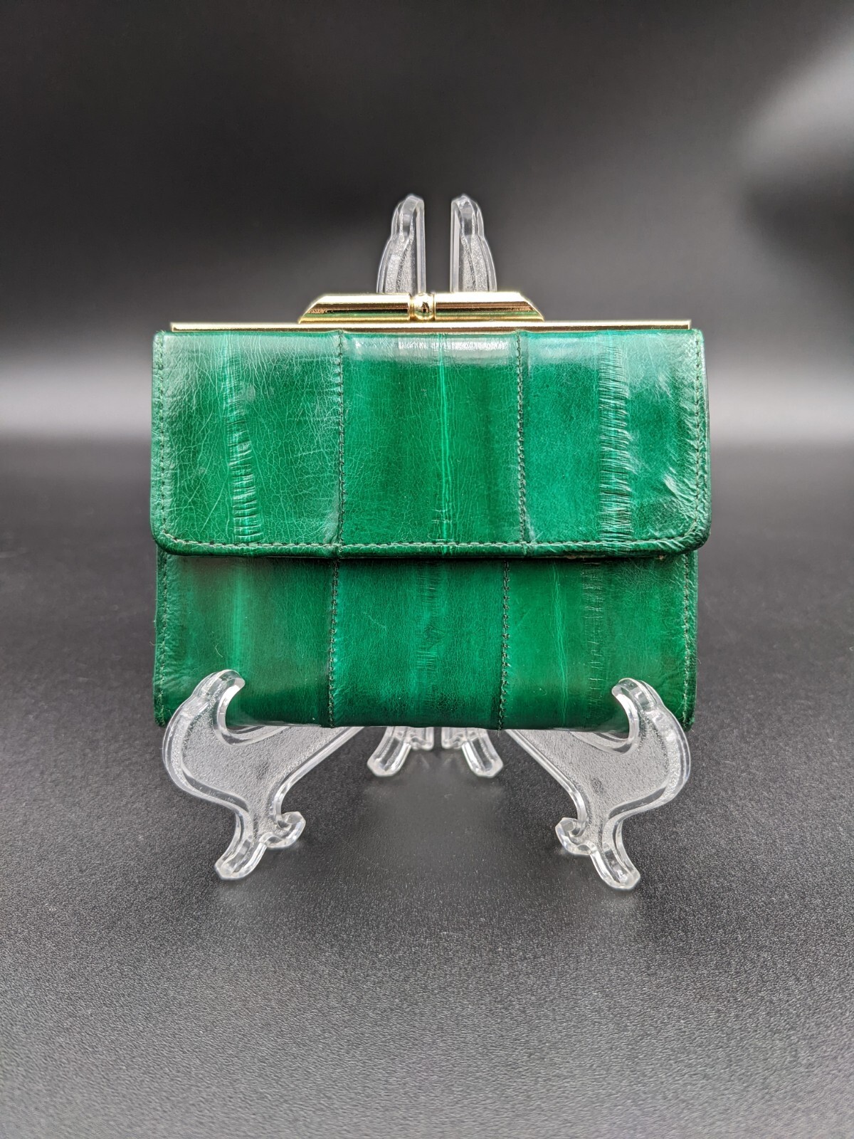 Vintage Jade Green Eel Skin Wallet with Clasped Coin Compartment MCM